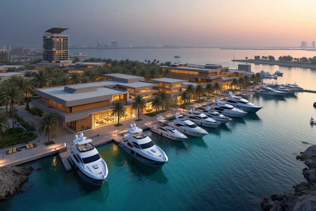 Aerial view of Rashid Yachts and Marina in Dubai with luxury yachts and city skyline at sunset